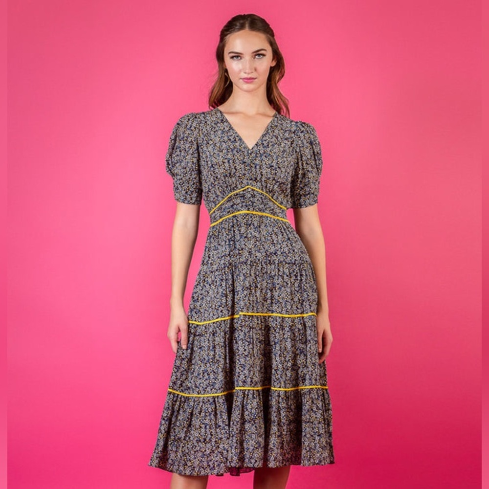 Jessie Liu Navy/Yellow V-Neck Tiered Silk Dress Size L